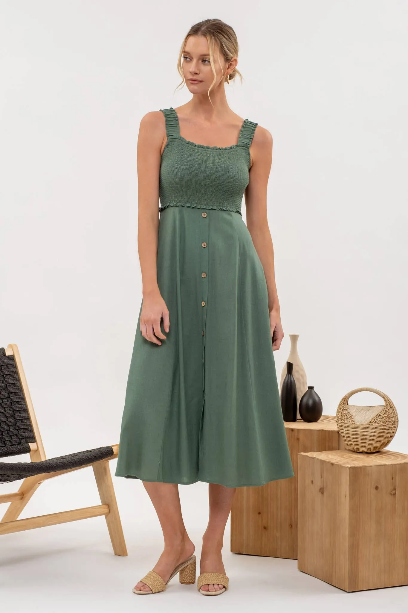 SMOCKED SLEEVELESS BUTTON DOWN MIDI DRESS