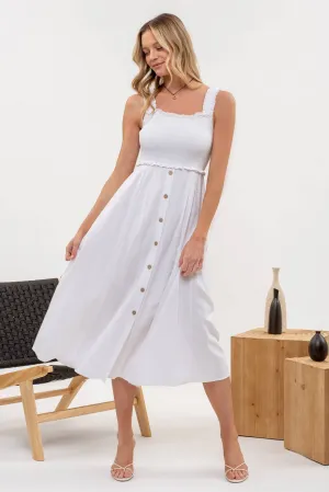 SMOCKED SLEEVELESS BUTTON DOWN MIDI DRESS