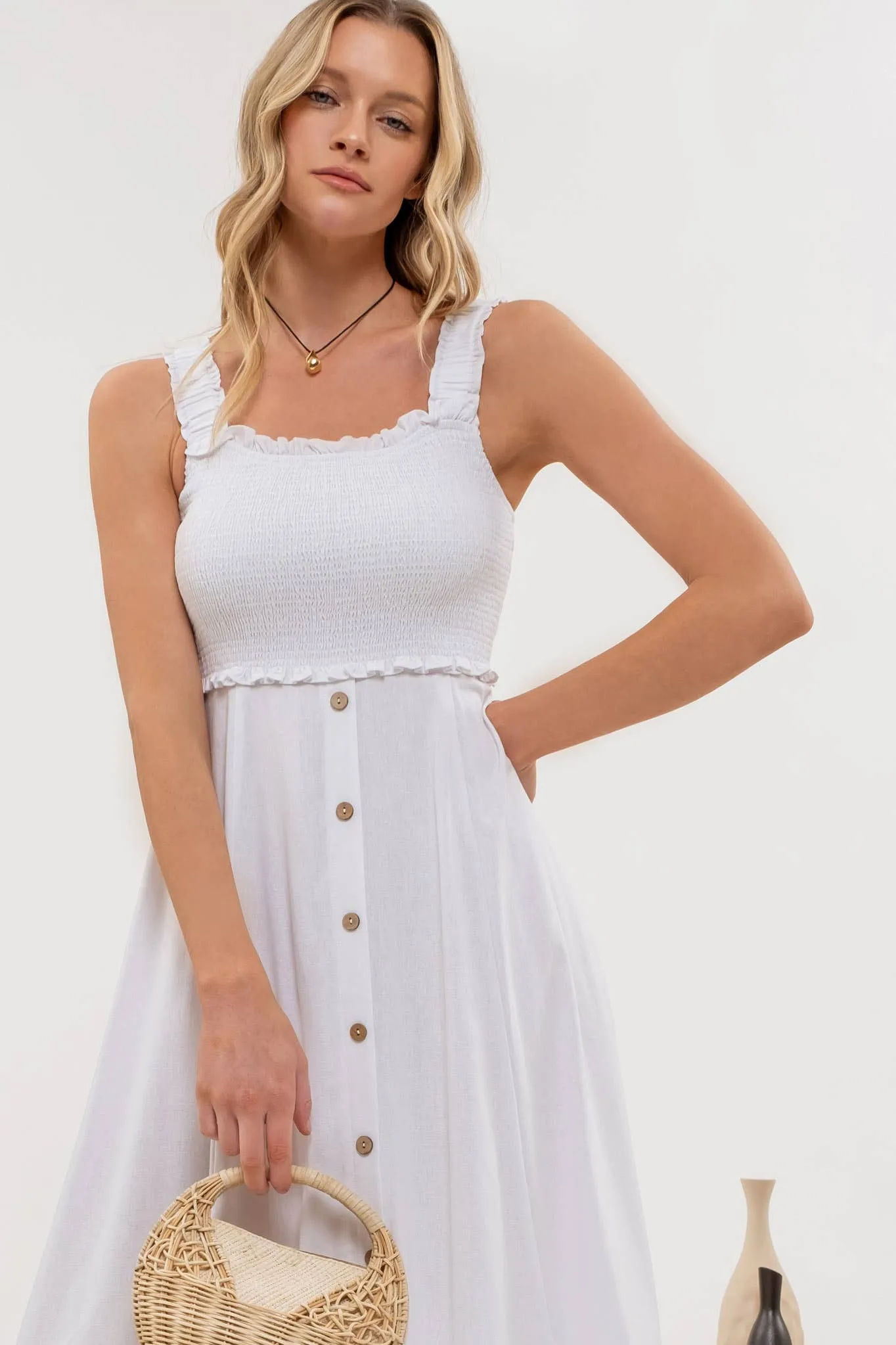 SMOCKED SLEEVELESS BUTTON DOWN MIDI DRESS