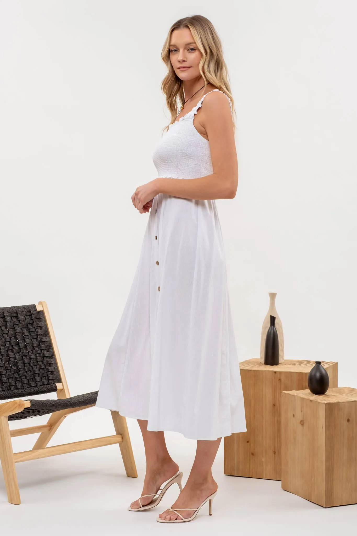 SMOCKED SLEEVELESS BUTTON DOWN MIDI DRESS