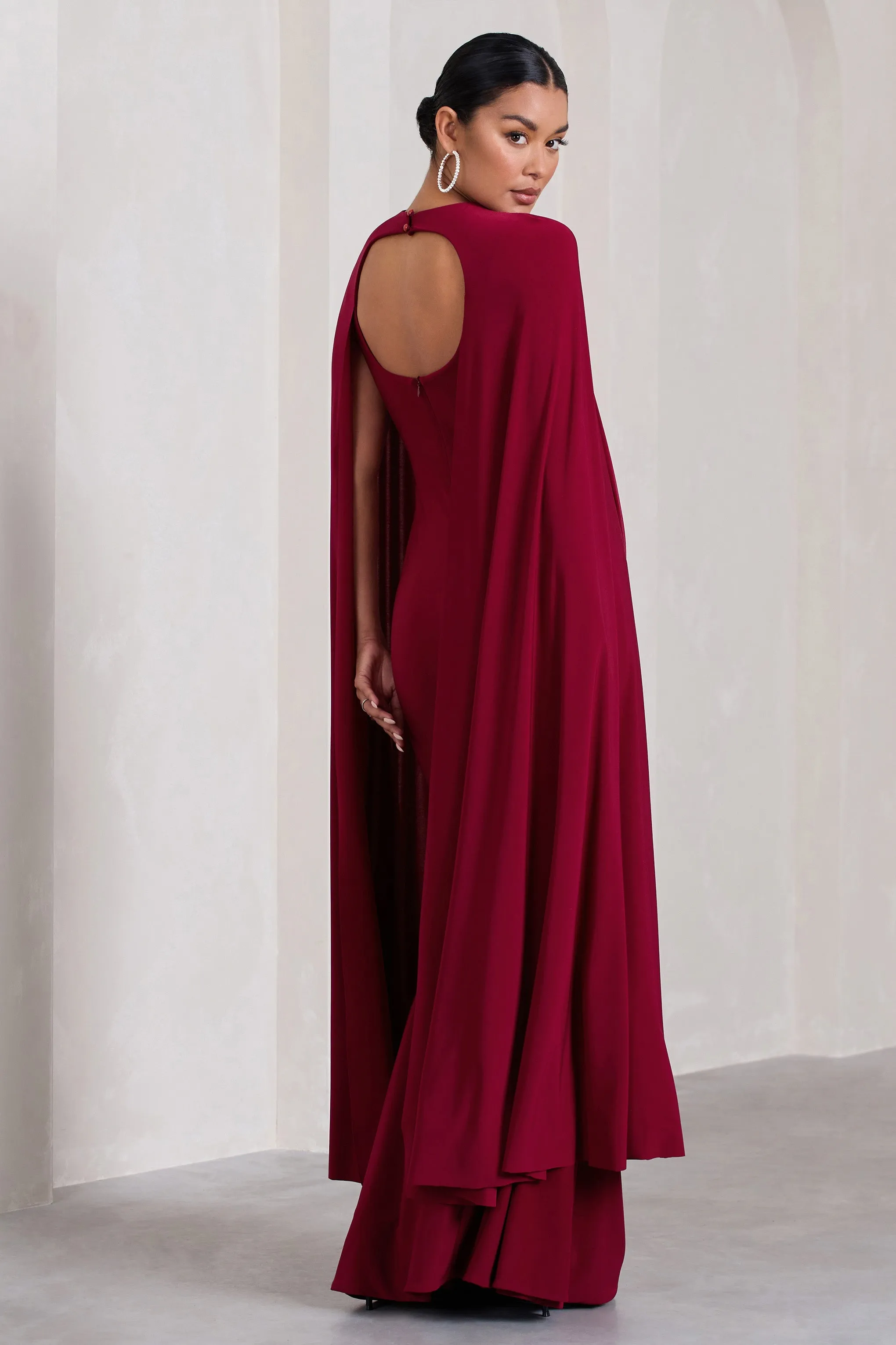 Standing Ovation | Berry Plunge-Neck Cape Maternity Maxi Dress