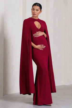 Standing Ovation | Berry Plunge-Neck Cape Maternity Maxi Dress