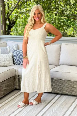 Stone Linen Blend Smocked Midi Dress *Final Sale*