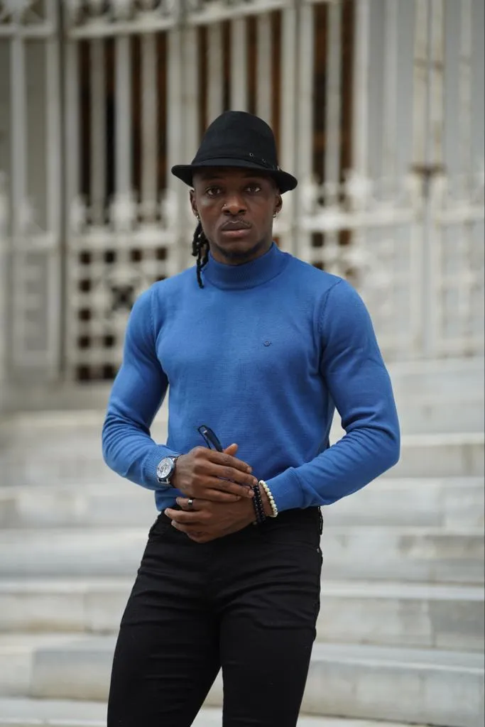 Thread Slim Fit Custom Design Half Collared Blue Turtleneck