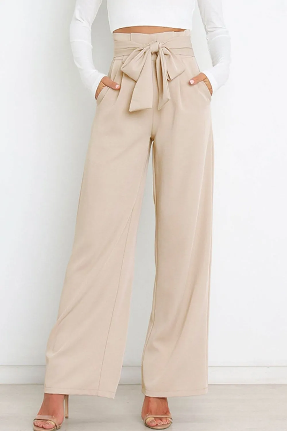 Tie Front Paperbag Wide Leg Pants