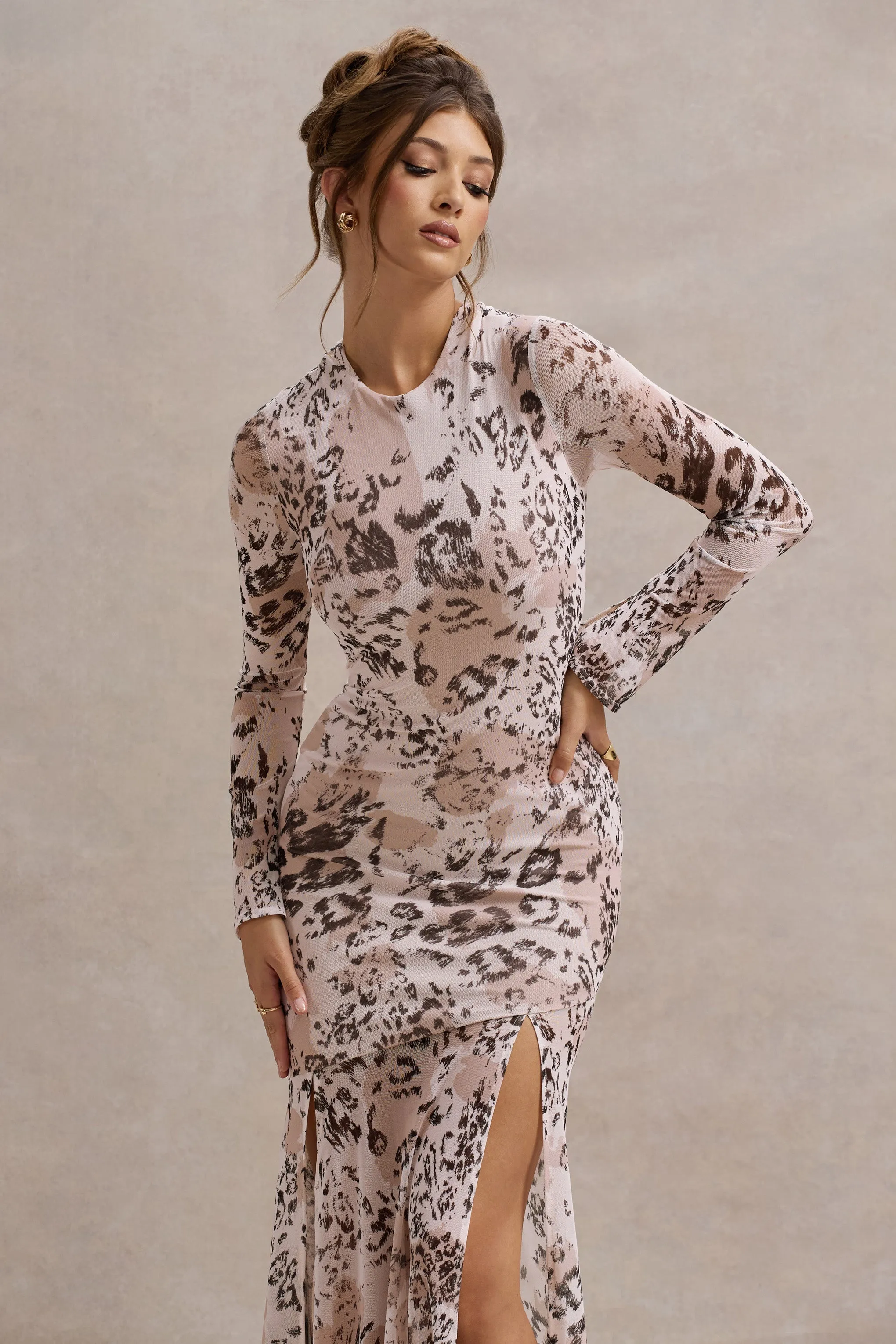 Tigerlily | Leopard Print Mesh Long-Sleeve Open-Back Maxi Dress