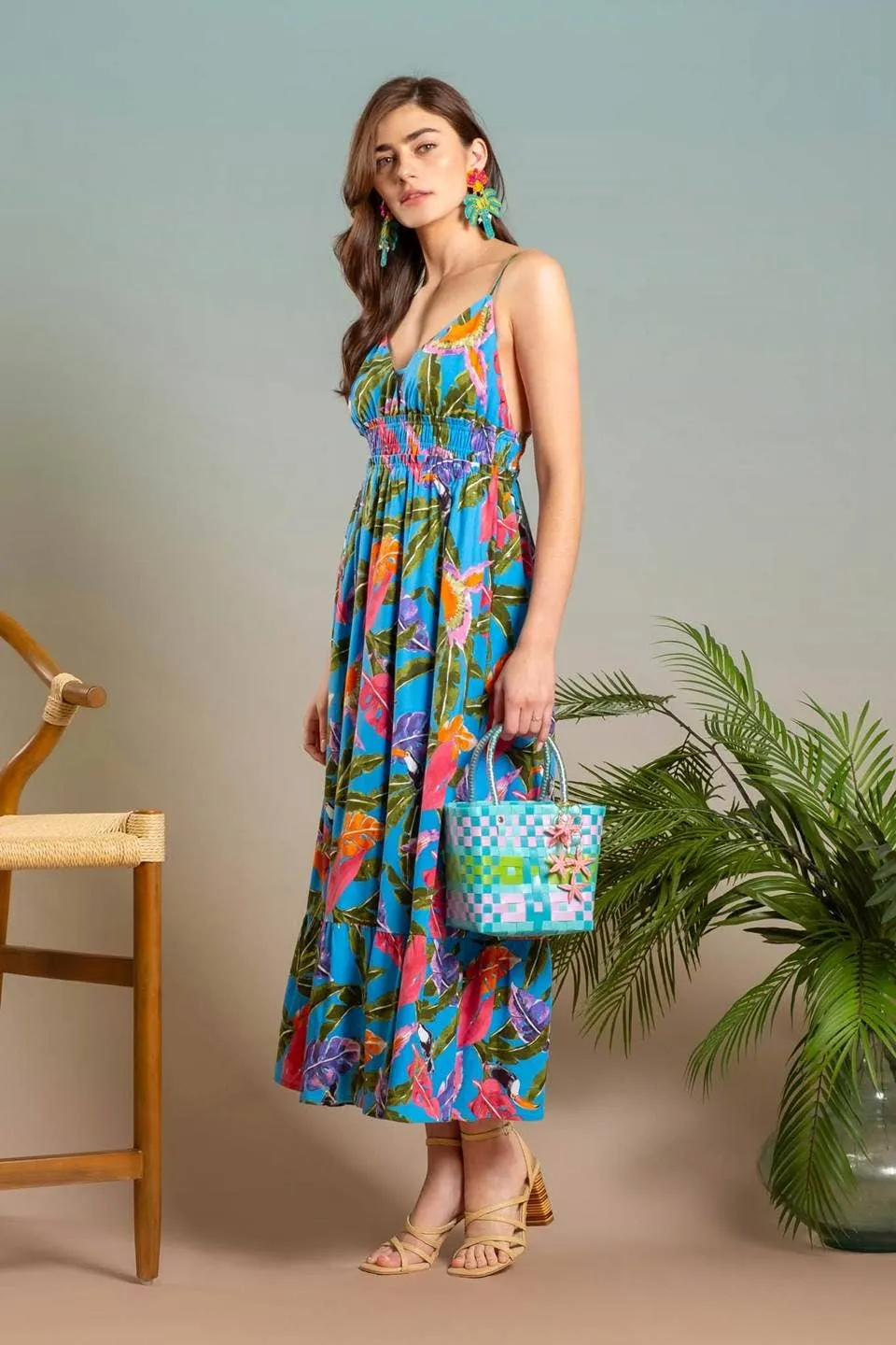 TRIPICAL PRINT V NECK MIDI DRESS