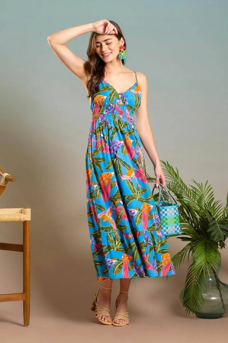 TRIPICAL PRINT V NECK MIDI DRESS