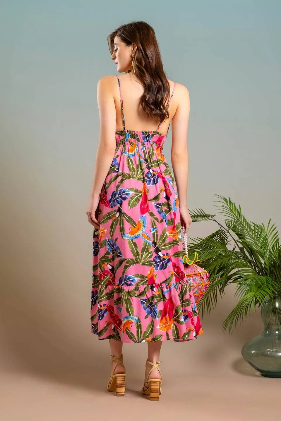 TRIPICAL PRINT V NECK MIDI DRESS