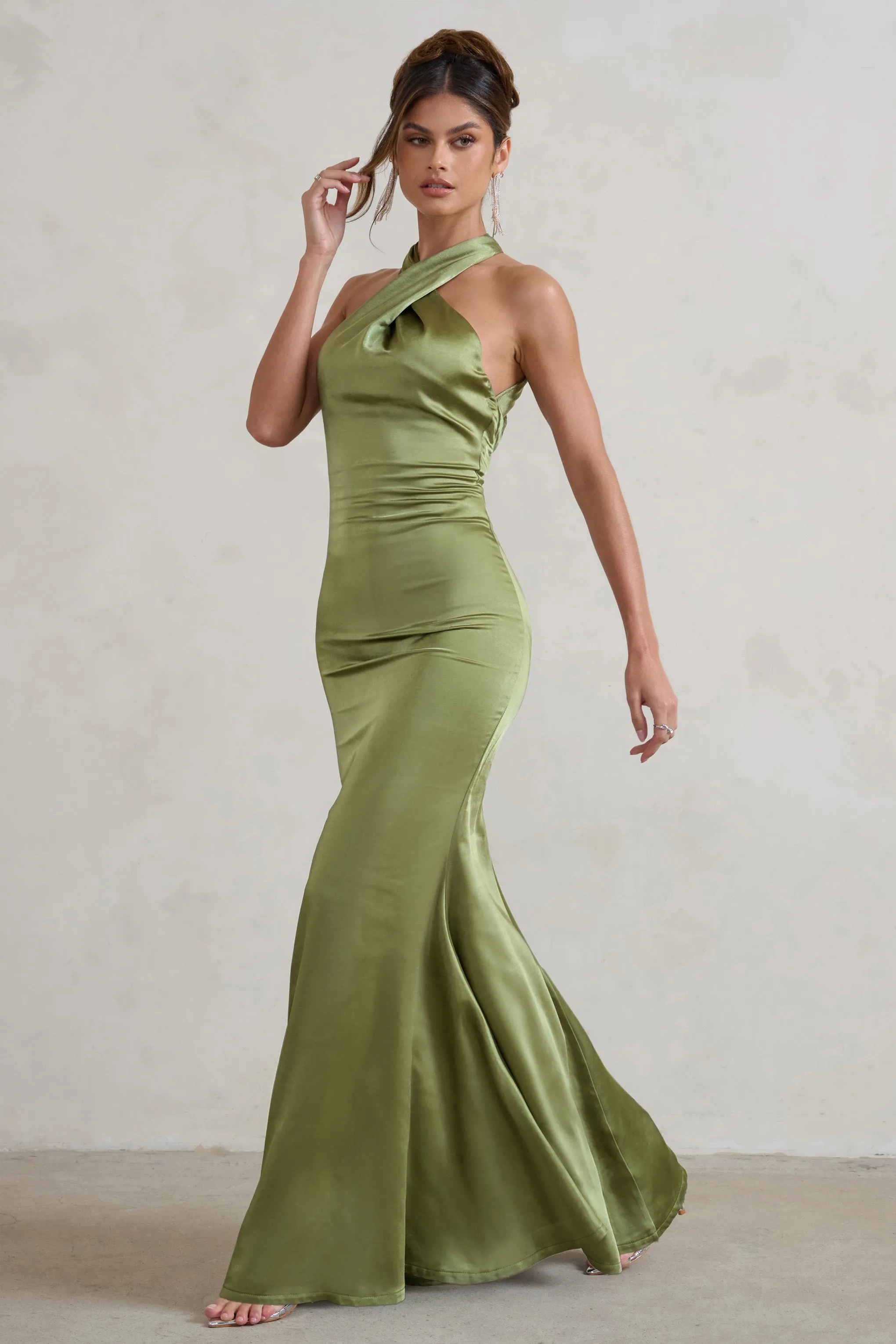 Unstoppable | Olive Green Satin Cross Over Halter Neck Maxi Dress