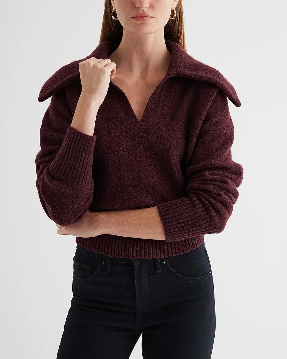 V-Neck Long Sleeve Polo Sweater in Wine