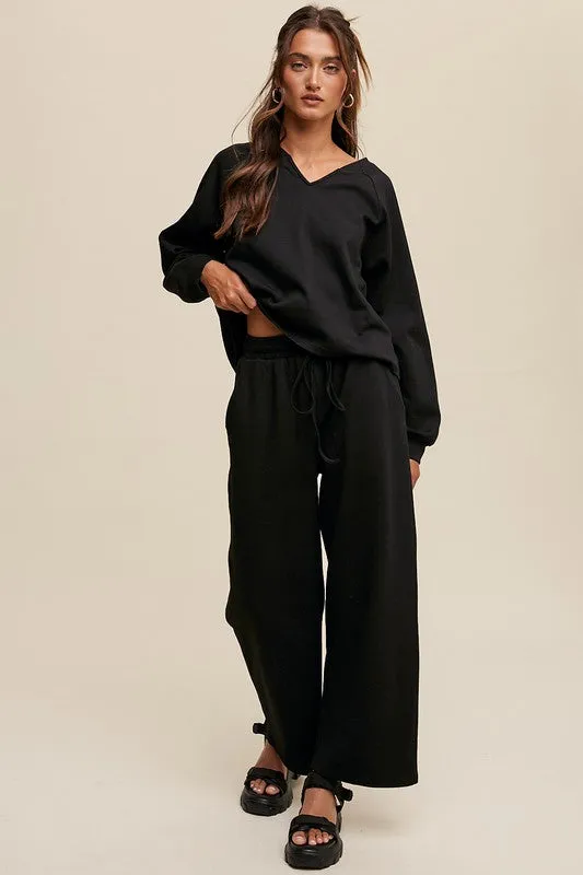 V-neck Sweatshirt and Pants Set | Black