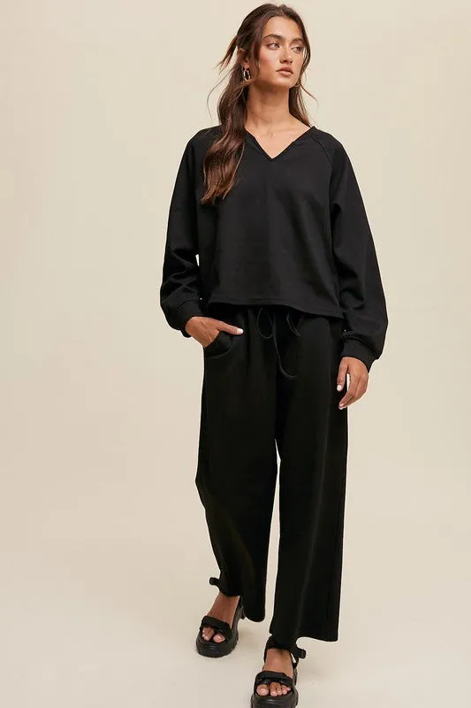 V-neck Sweatshirt and Pants Set | Black