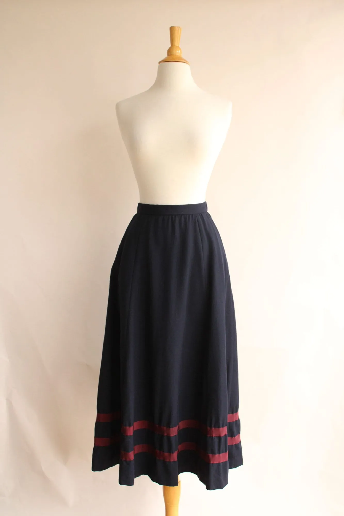 Vintage Ralph Lauren Skirt, Navy Blue Wool Tea Length with Burgundy Stripes, Size 6