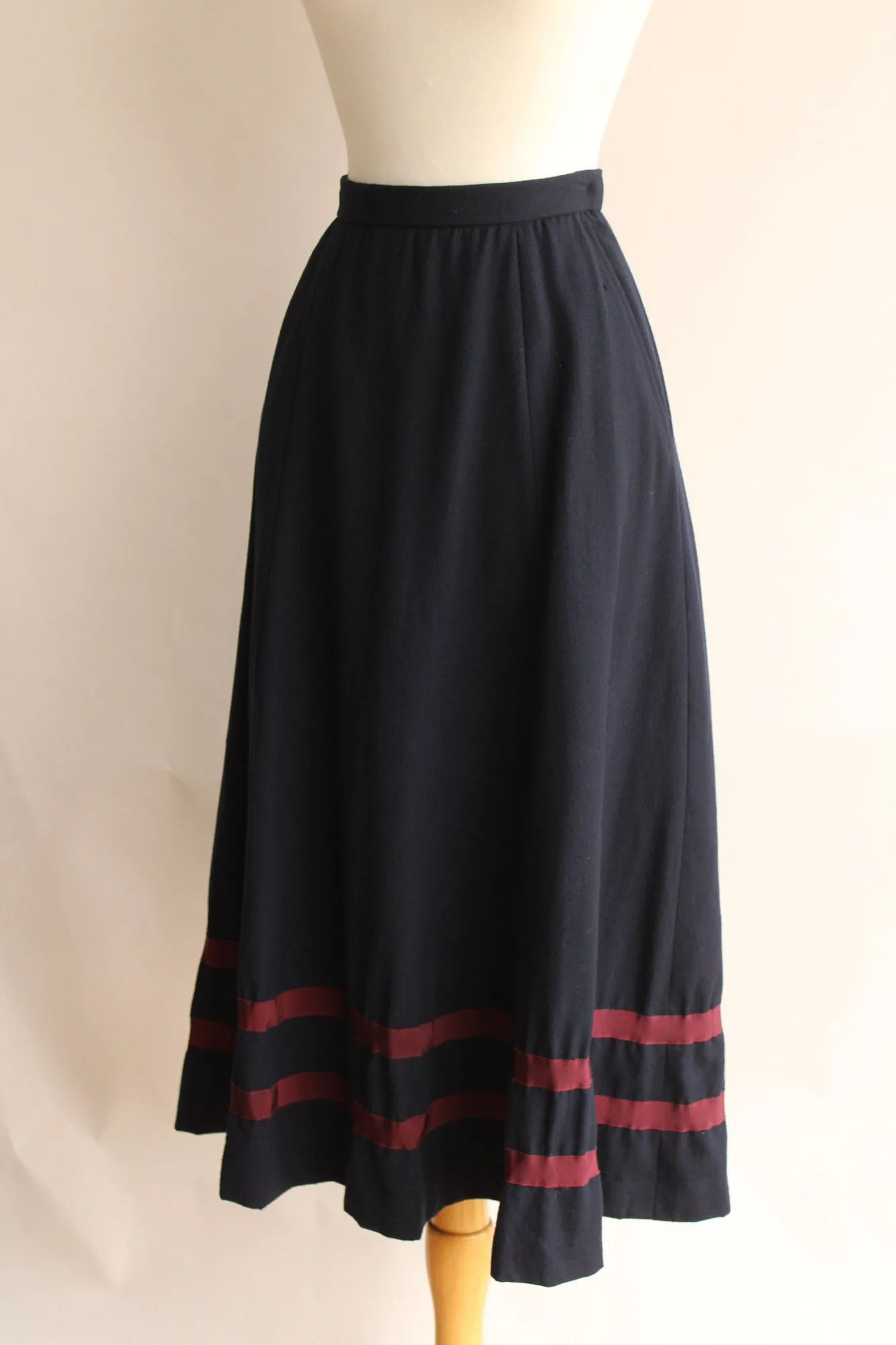 Vintage Ralph Lauren Skirt, Navy Blue Wool Tea Length with Burgundy Stripes, Size 6