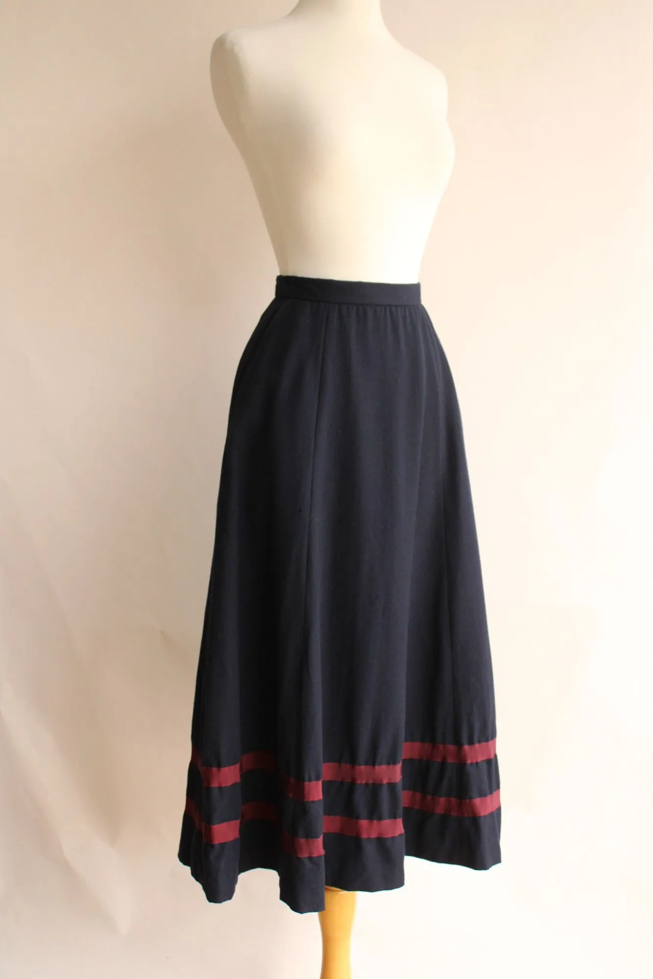 Vintage Ralph Lauren Skirt, Navy Blue Wool Tea Length with Burgundy Stripes, Size 6