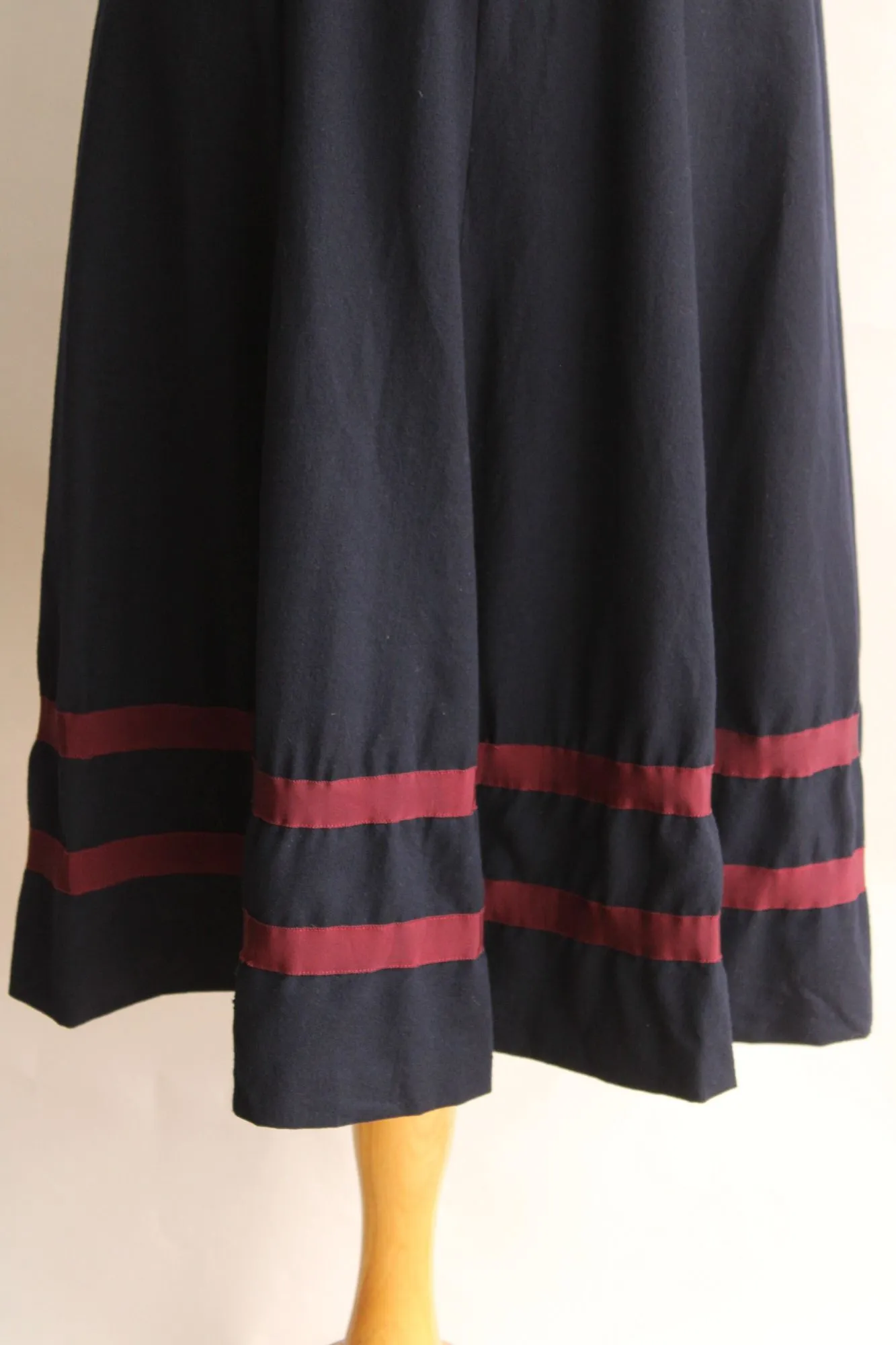 Vintage Ralph Lauren Skirt, Navy Blue Wool Tea Length with Burgundy Stripes, Size 6