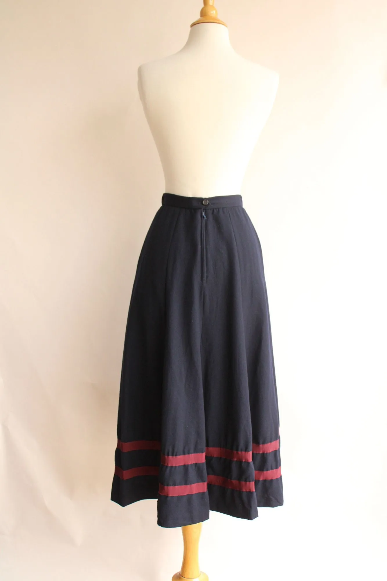 Vintage Ralph Lauren Skirt, Navy Blue Wool Tea Length with Burgundy Stripes, Size 6