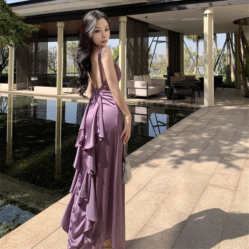 Wenkouban dress to impress codes Bridal Morning Gown Purple Wedding Satin Backless Dress Women's Niche Light Dress Engagement License Fishtail Evening Dress