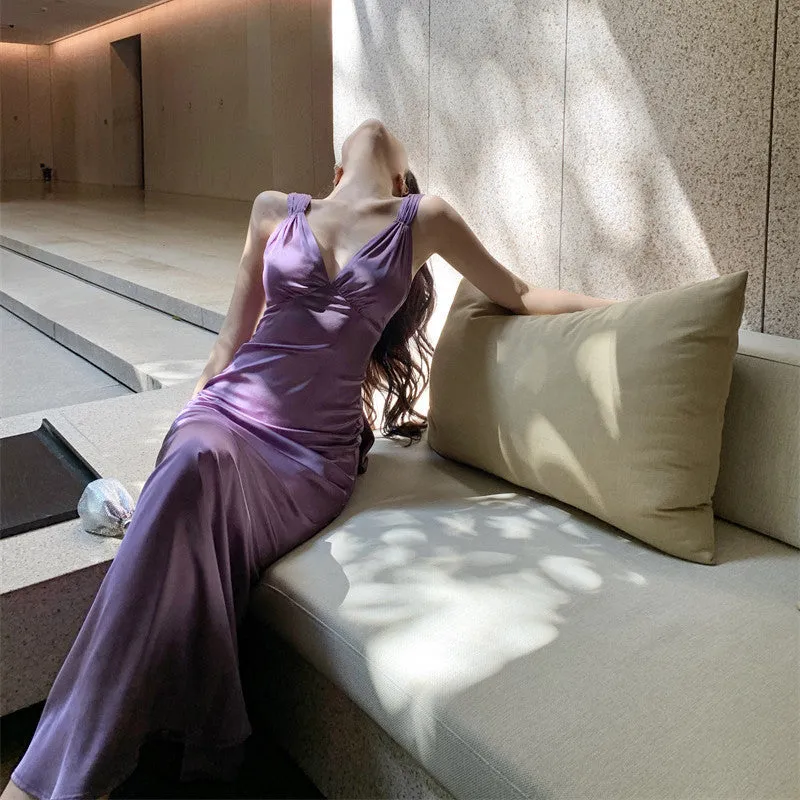 Wenkouban dress to impress codes Bridal Morning Gown Purple Wedding Satin Backless Dress Women's Niche Light Dress Engagement License Fishtail Evening Dress