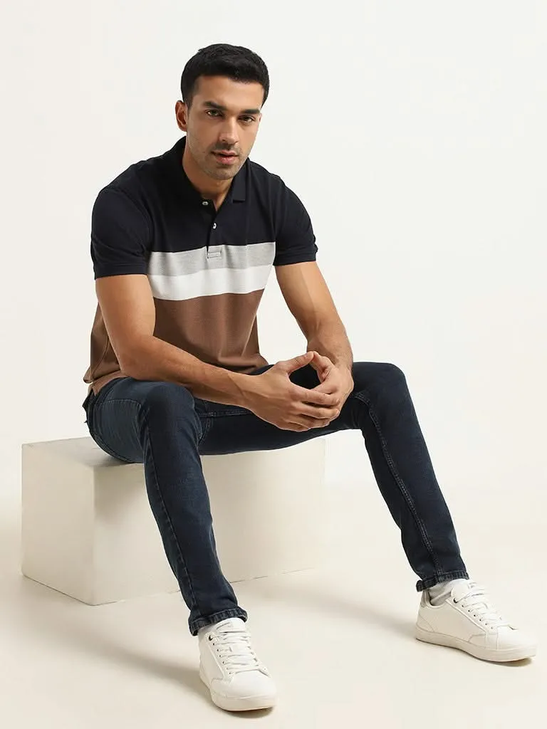 WES Casuals Brown Striped Cotton Blend Slim Fit T-Shirt