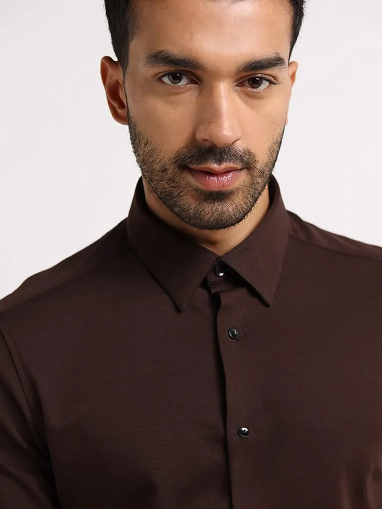 WES Formals Brown Slim- Fit Cotton Blend Shirt