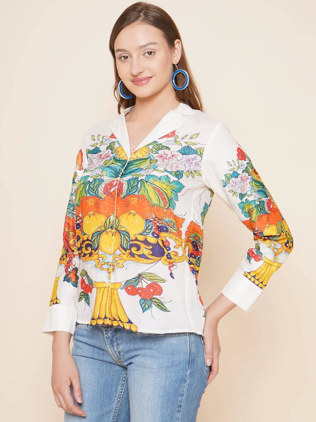 White Multi Printed Shirt Style Top