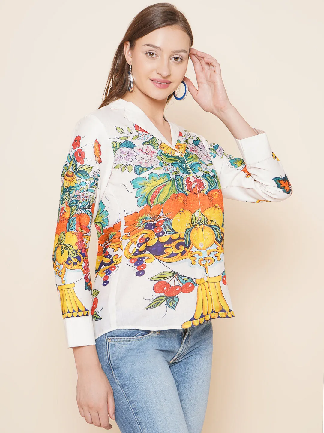 White Multi Printed Shirt Style Top