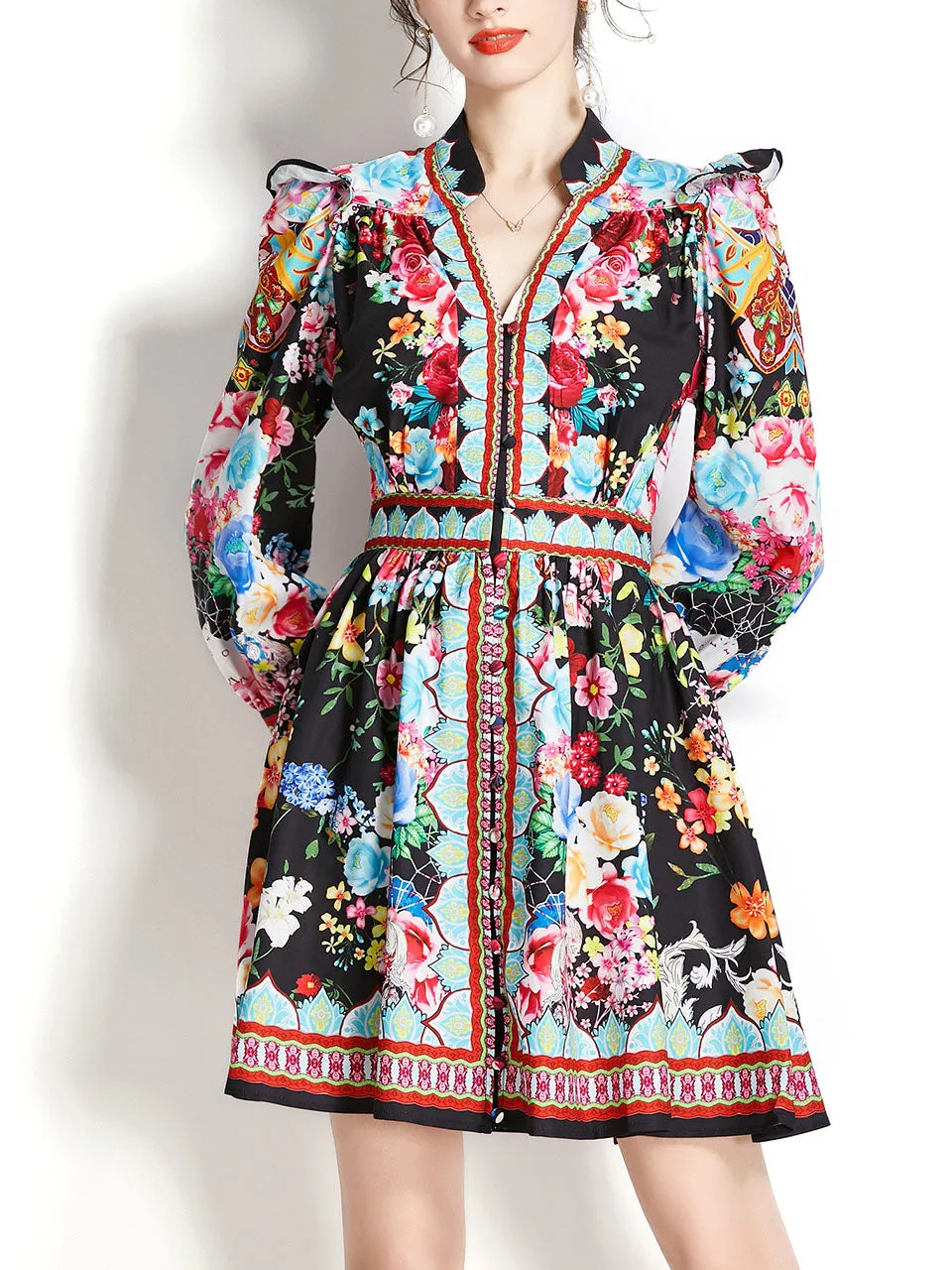 White V Neck Floral Print Long Puff Sleeve Boho Dress Mini Dress