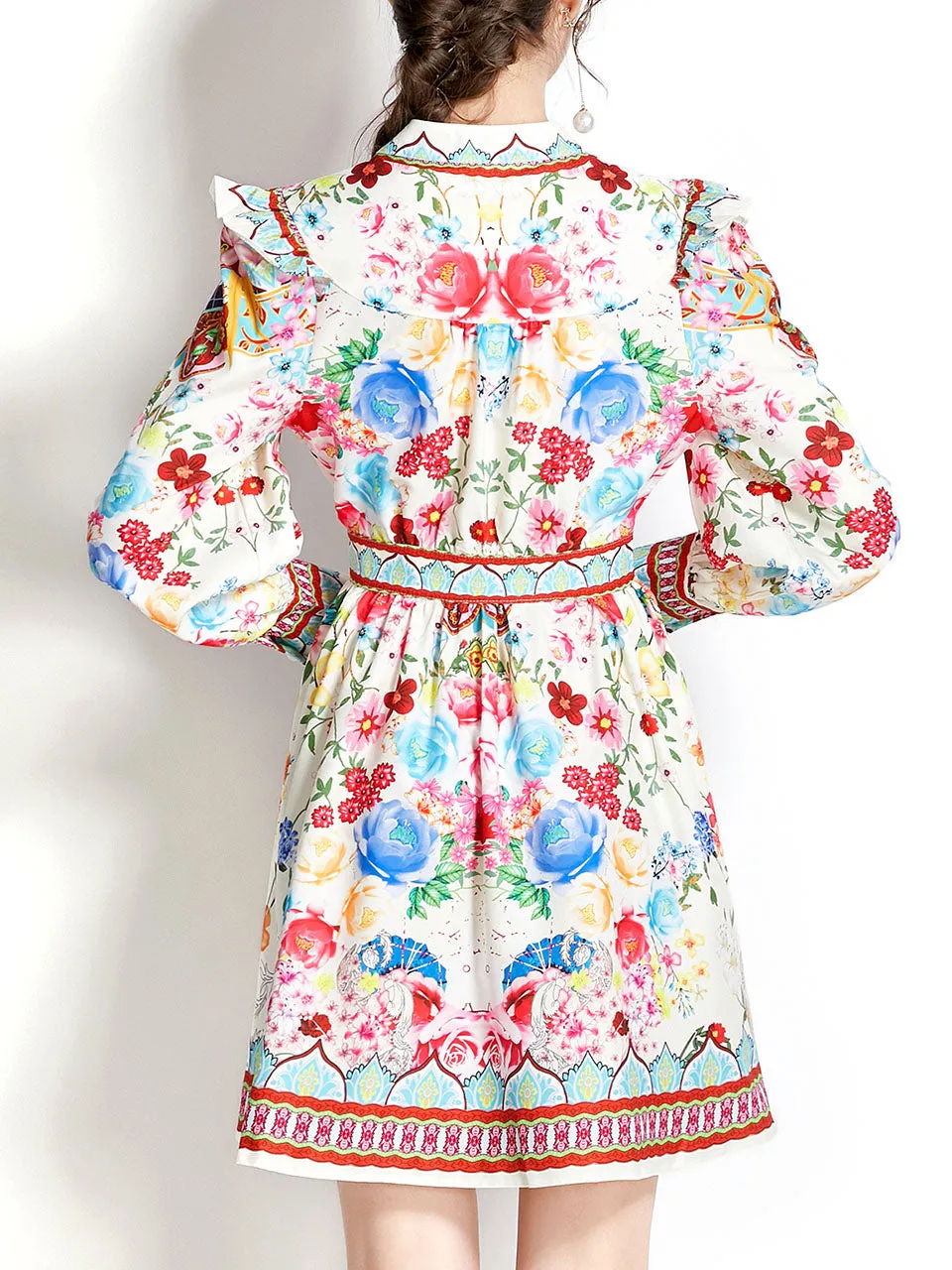 White V Neck Floral Print Long Puff Sleeve Boho Dress Mini Dress