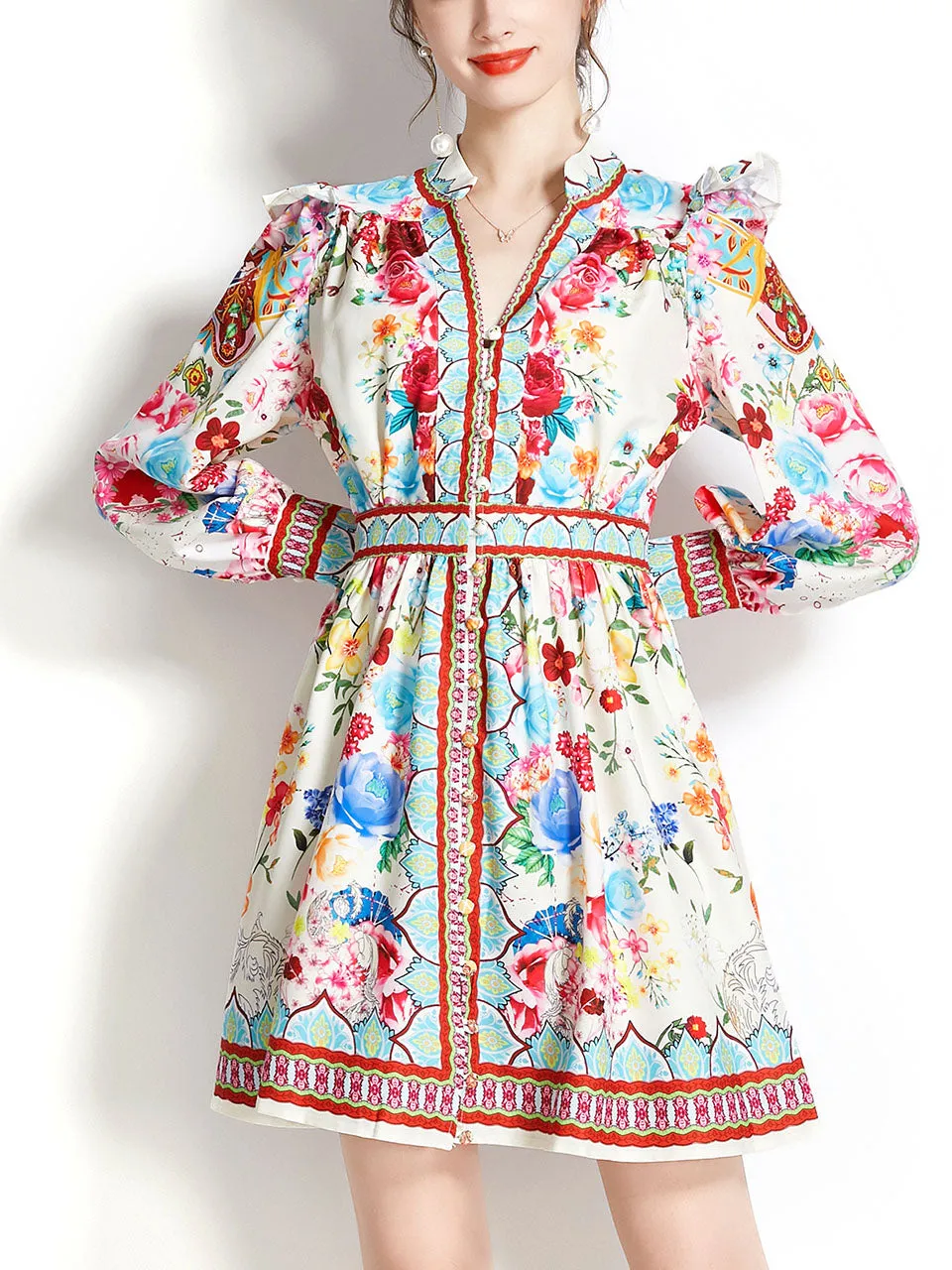 White V Neck Floral Print Long Puff Sleeve Boho Dress Mini Dress