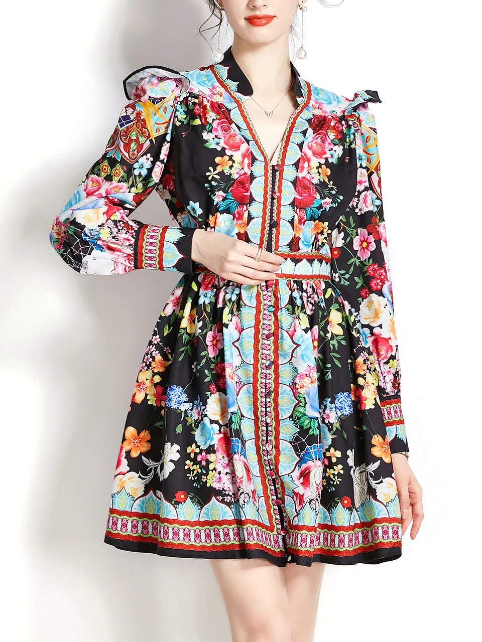 White V Neck Floral Print Long Puff Sleeve Boho Dress Mini Dress