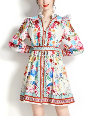 White V Neck Floral Print Long Puff Sleeve Boho Dress Mini Dress