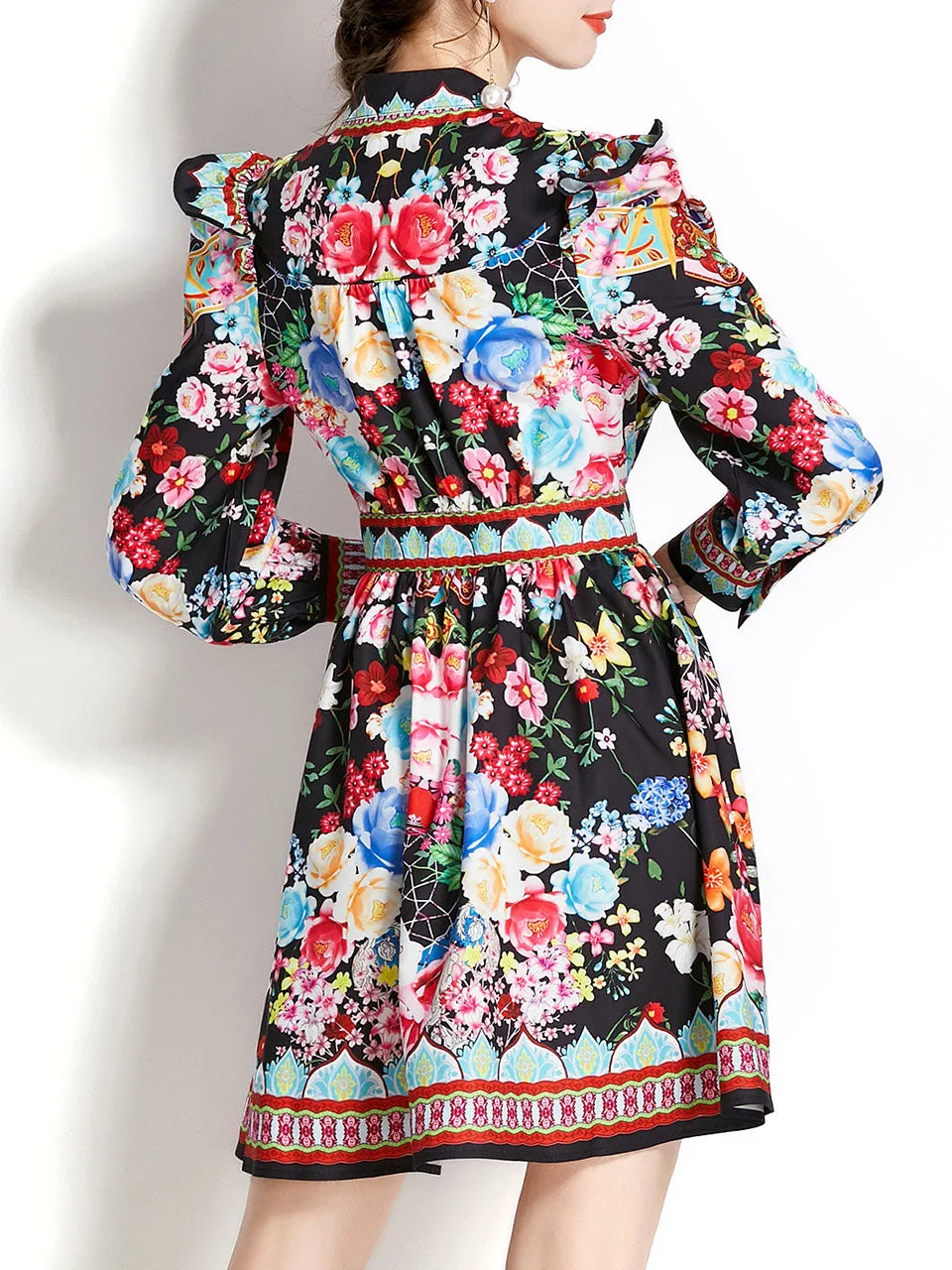 White V Neck Floral Print Long Puff Sleeve Boho Dress Mini Dress