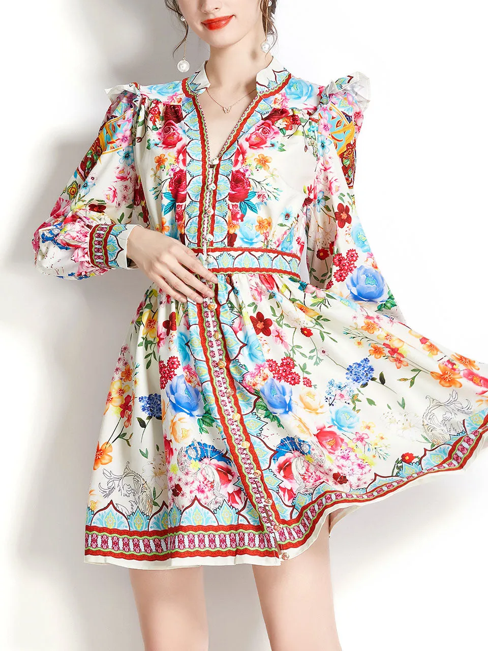 White V Neck Floral Print Long Puff Sleeve Boho Dress Mini Dress