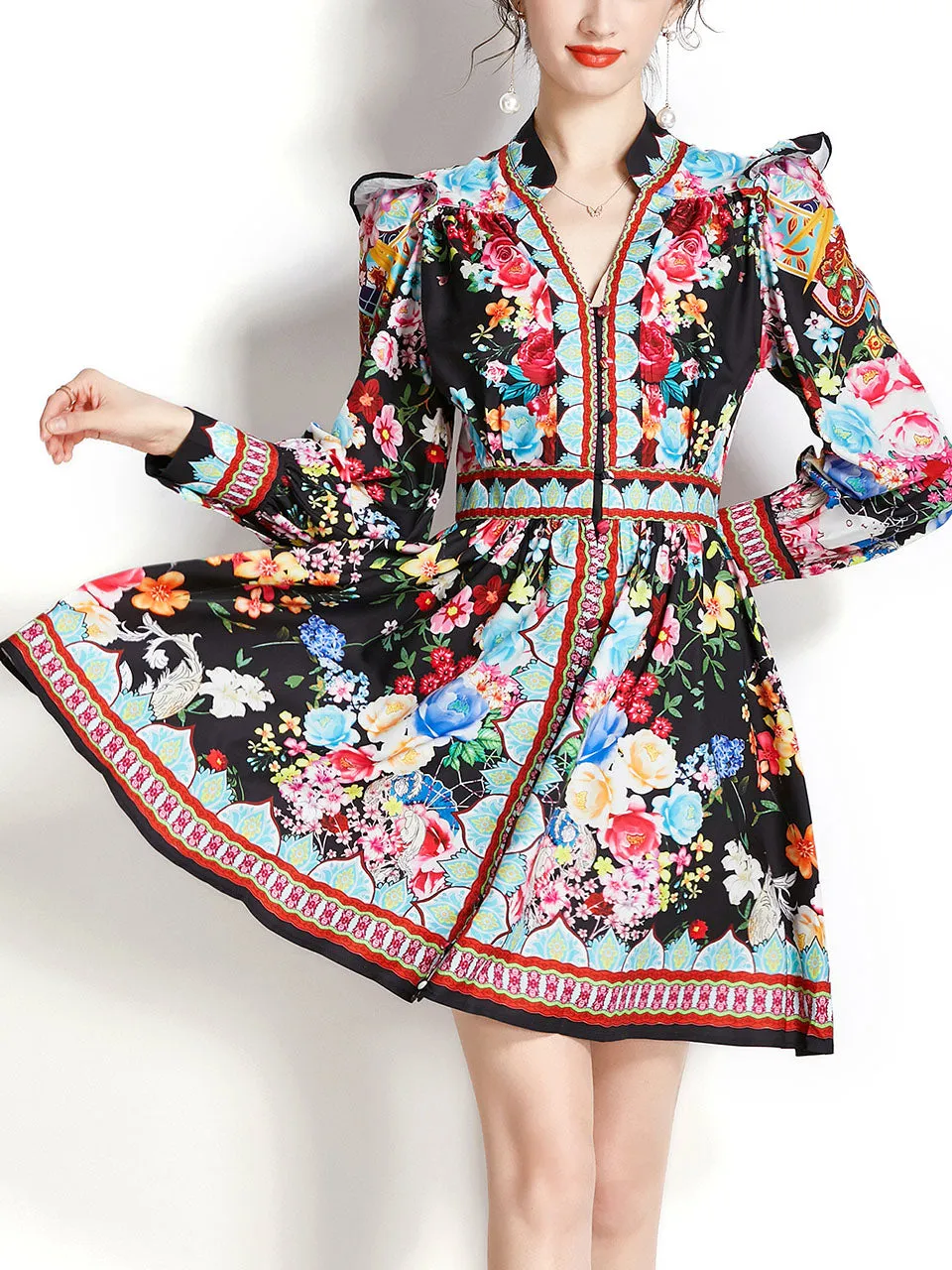 White V Neck Floral Print Long Puff Sleeve Boho Dress Mini Dress