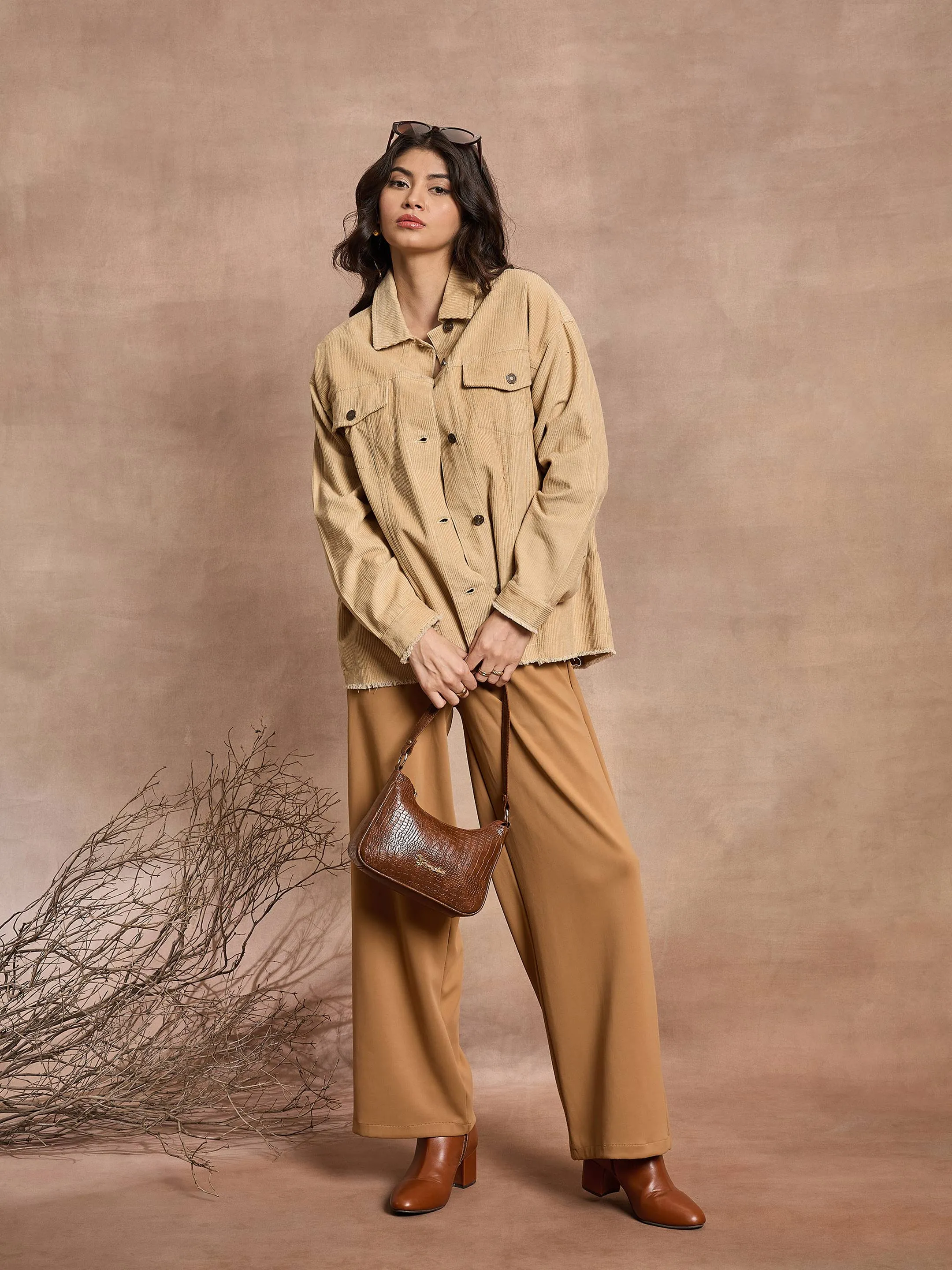 Women Beige Corduroy Oversize Shacket