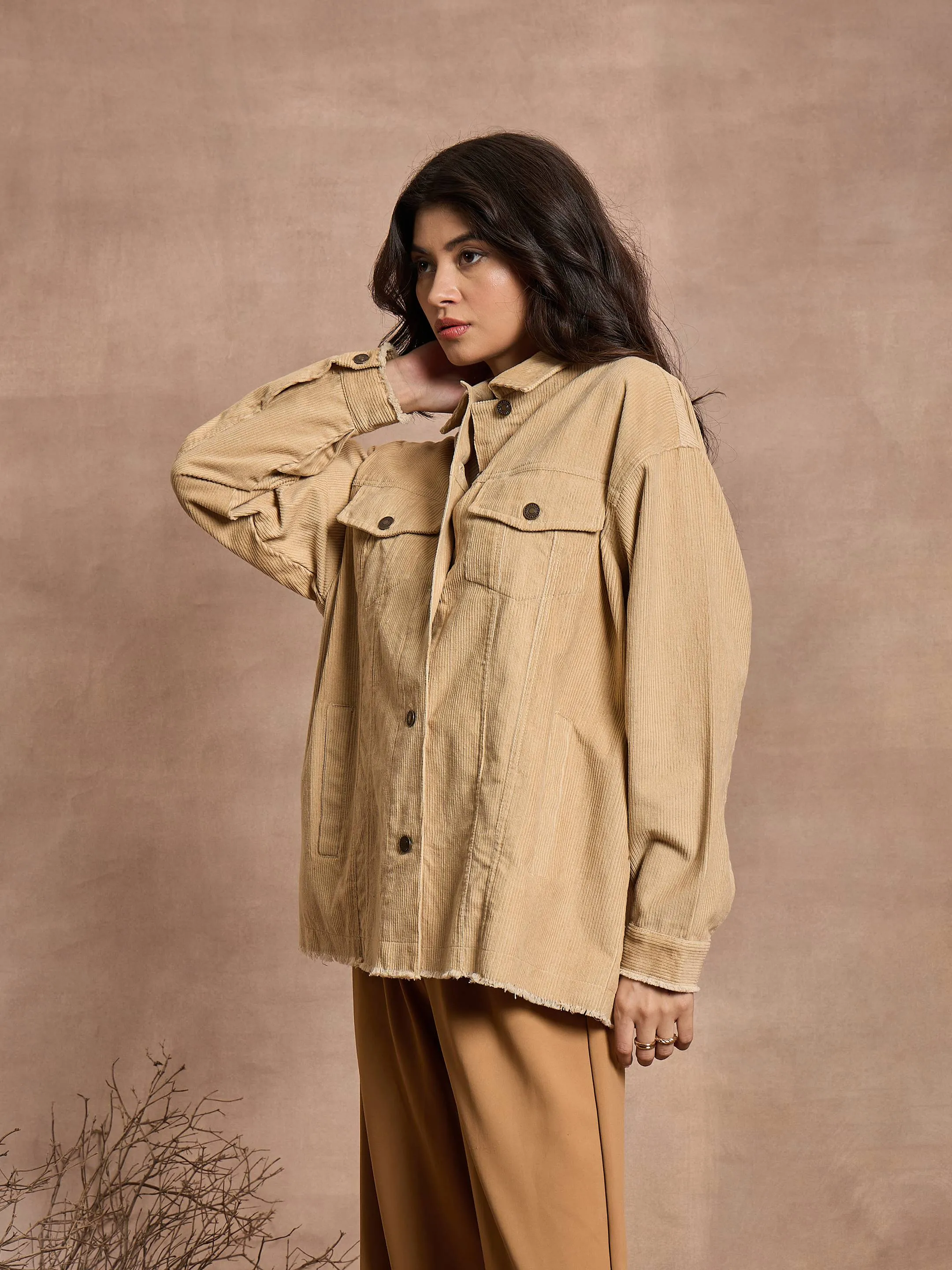 Women Beige Corduroy Oversize Shacket