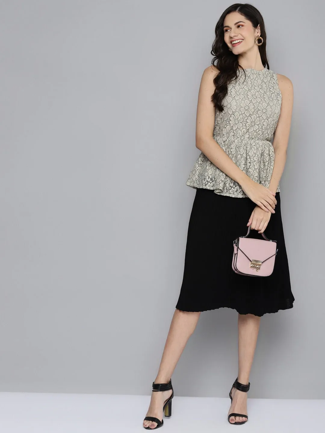 Women Beige Lace Sleeveless Peplum Top