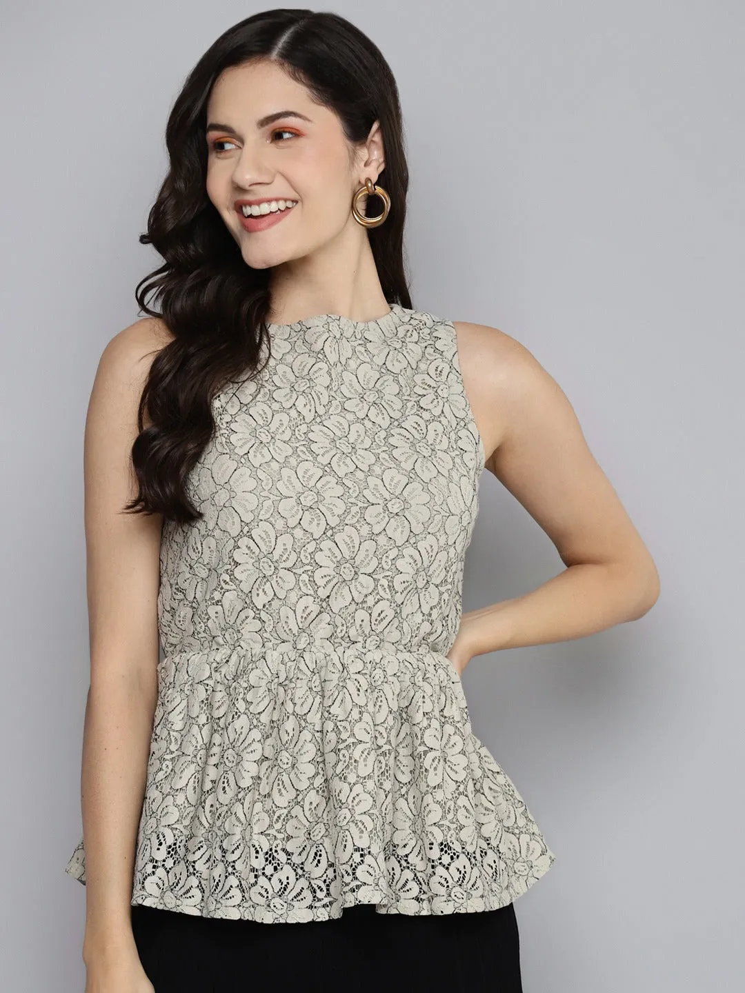 Women Beige Lace Sleeveless Peplum Top