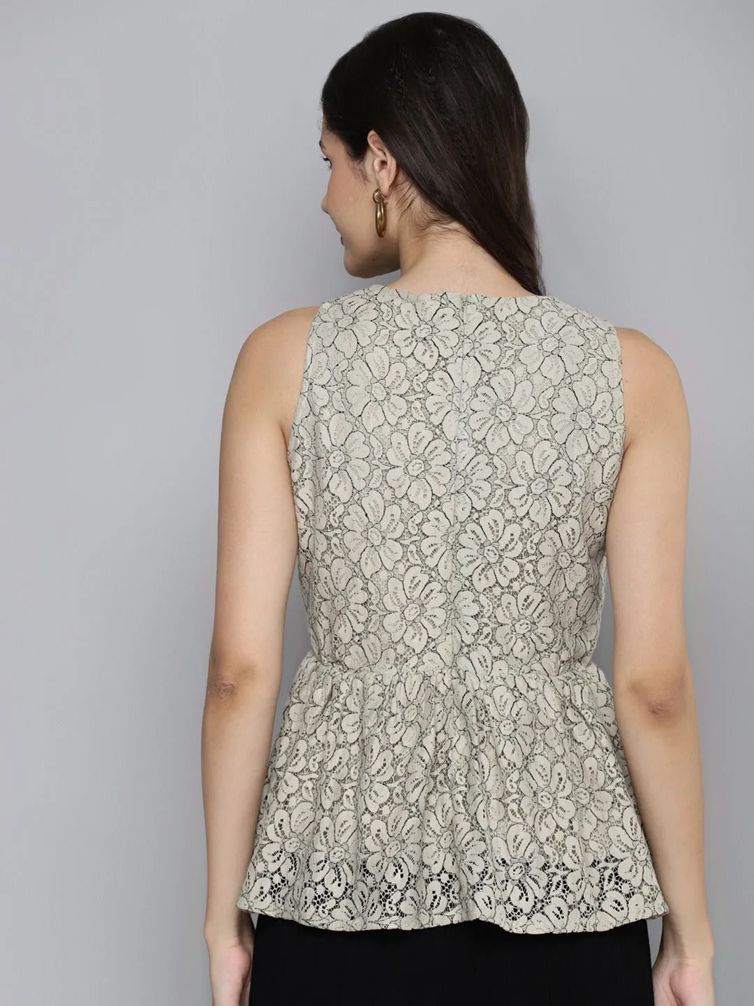 Women Beige Lace Sleeveless Peplum Top