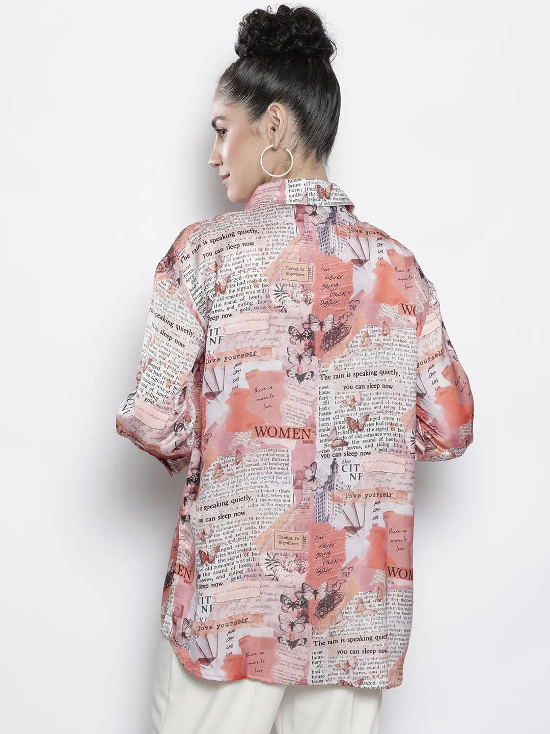 Women Beige Pink Newspaper Print Satin Shirt