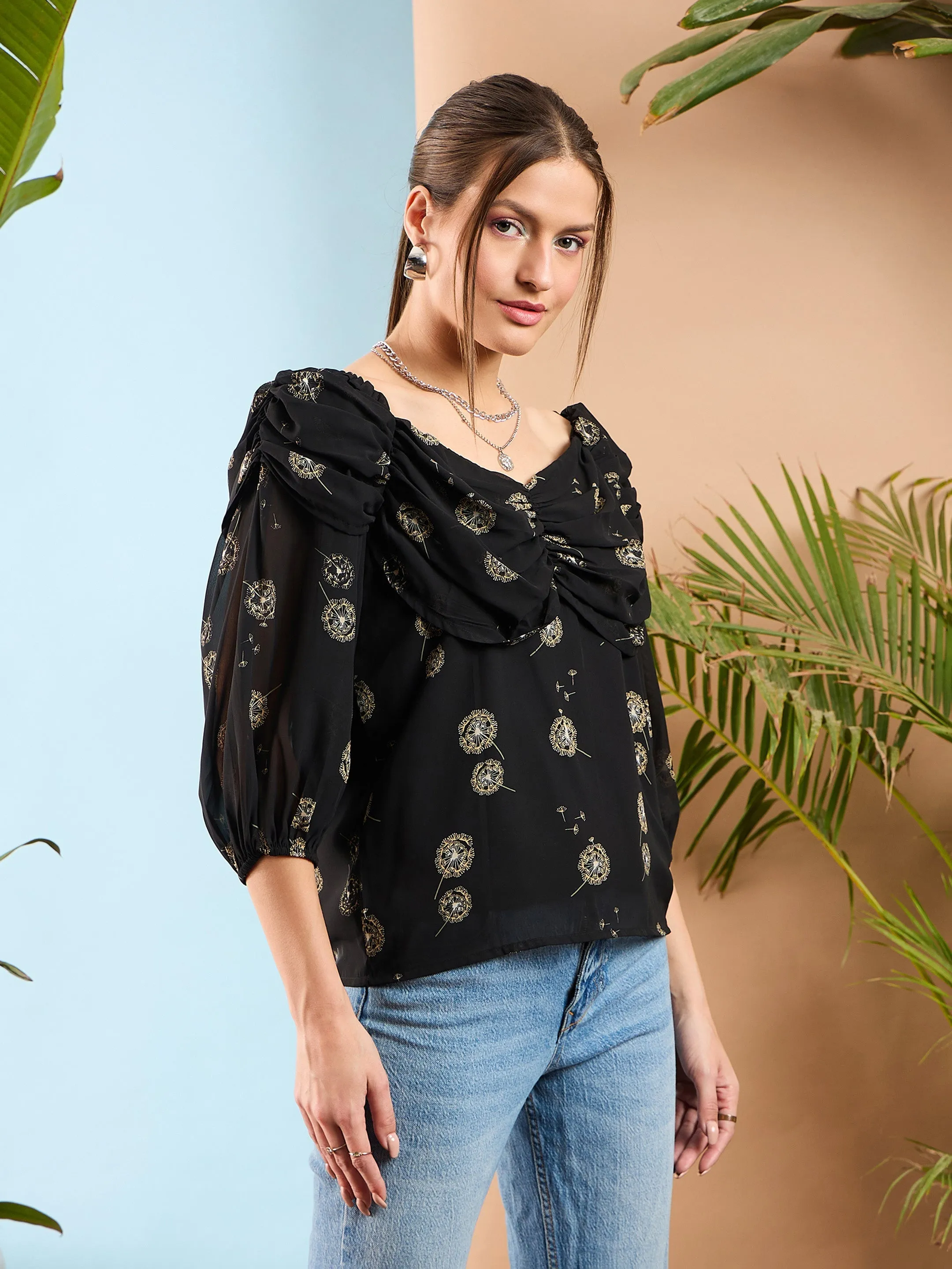 Women Black Floral Ruched Cowl Neck Top