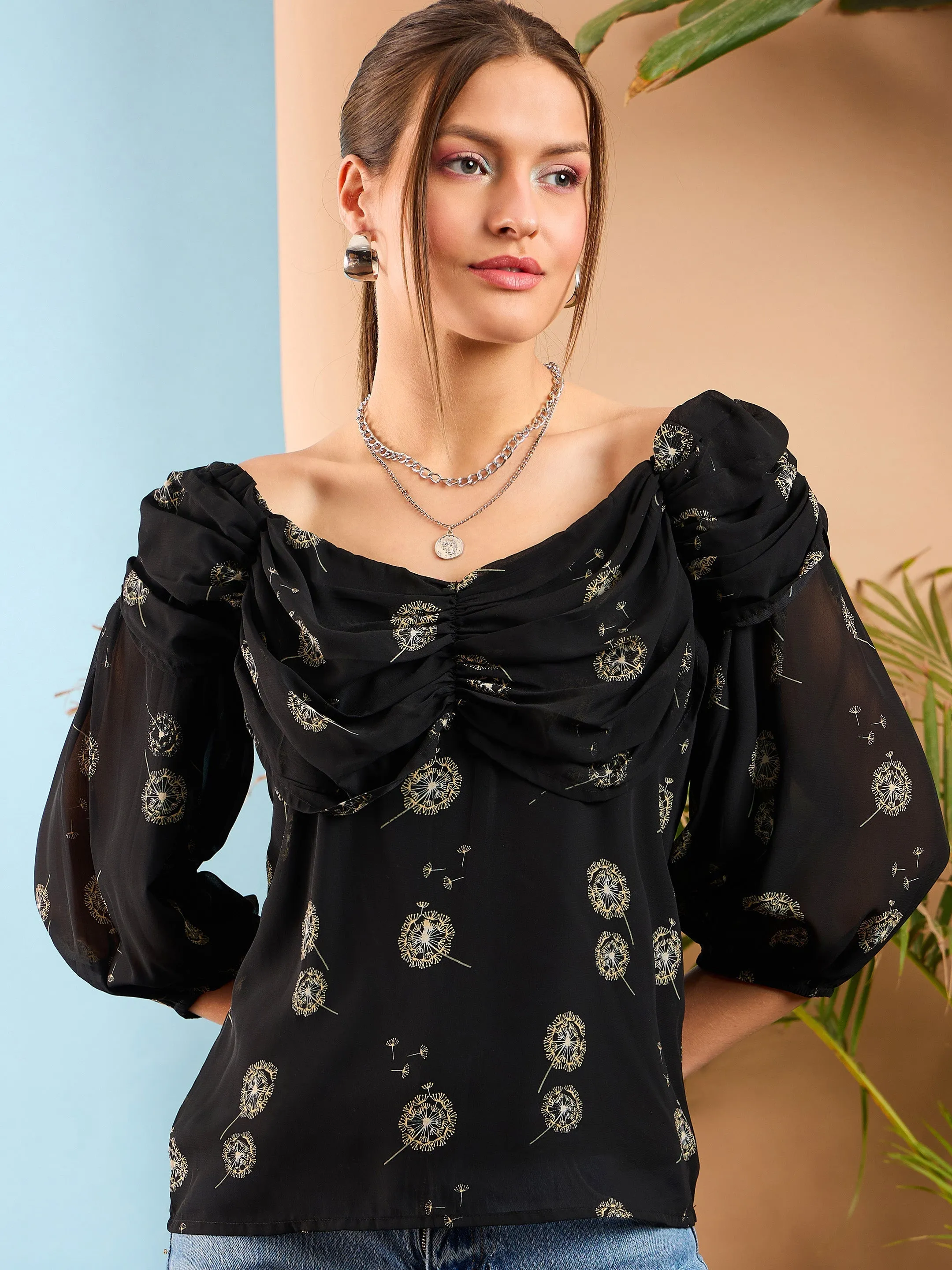 Women Black Floral Ruched Cowl Neck Top