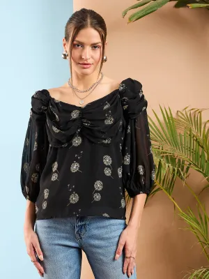 Women Black Floral Ruched Cowl Neck Top