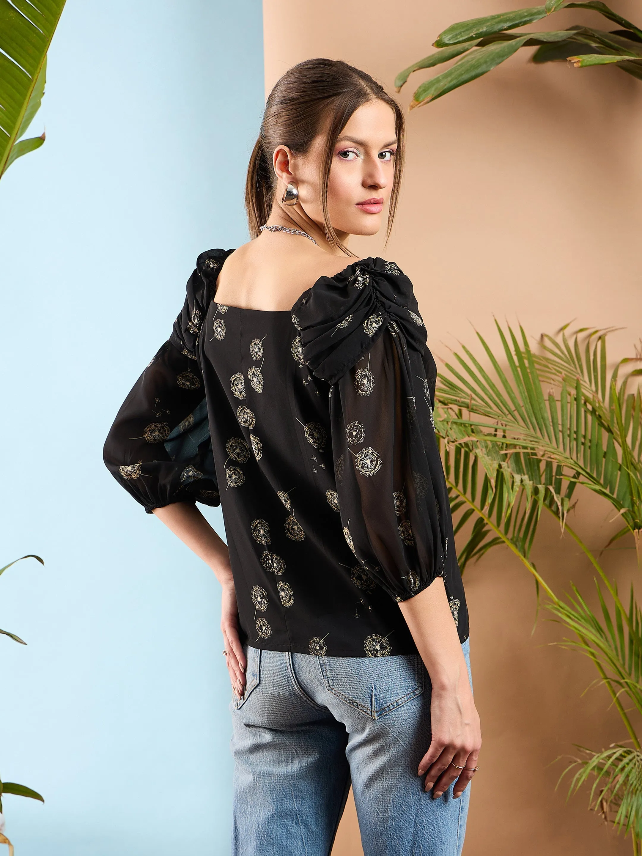 Women Black Floral Ruched Cowl Neck Top