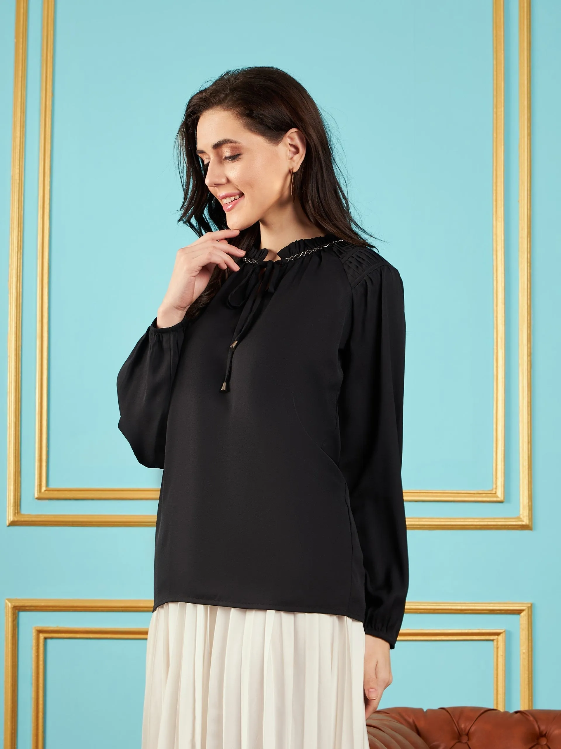 Women Black Puff Sleeves Embellished Top