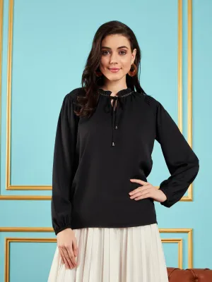 Women Black Puff Sleeves Embellished Top