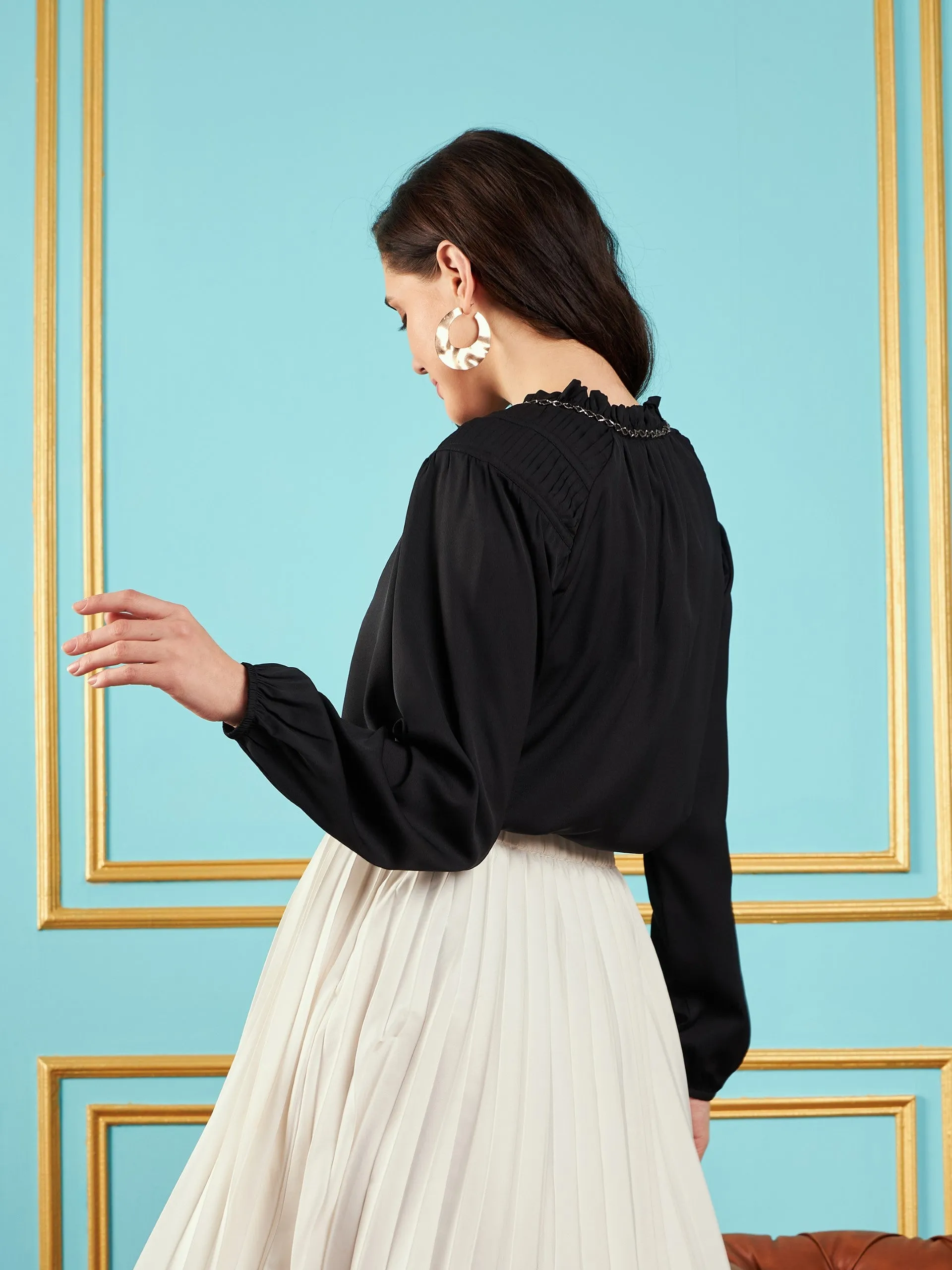 Women Black Puff Sleeves Embellished Top