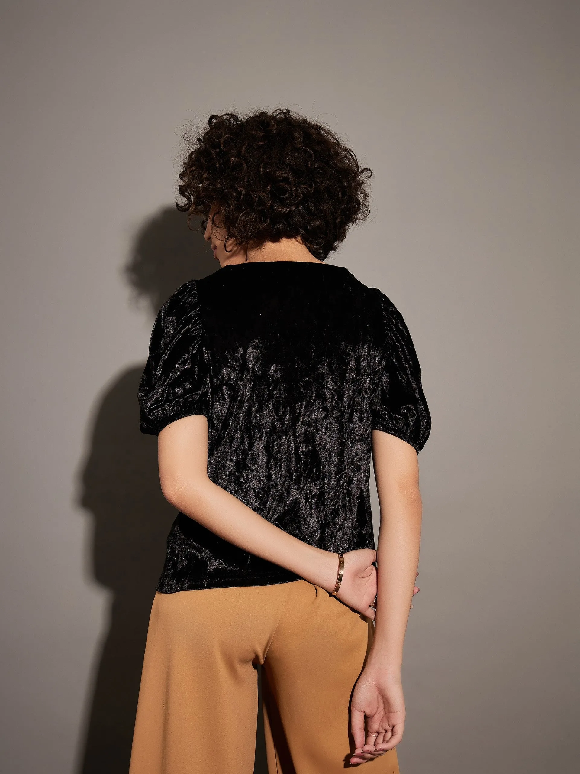 Women Black Velvet Puff Sleeves Top